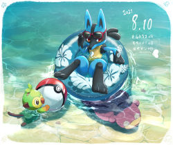 Rule 34 | afloat, ball, beachball, border, commentary request, creatures (company), floral print, furry, game freak, gen 1 pokemon, gen 3 pokemon, gen 4 pokemon, gen 8 pokemon, grookey, highres, innertube, looking to the side, lucario, luvdisc, nintendo, poke ball print, pokemon, pokemon (creature), red-framed eyewear, ripples, slowpoke, sora (sora610), spikes, sunglasses, swim ring, swimming, toes, translation request, water, white border, yellow fur