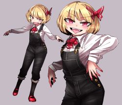 Rule 34 | 1girl, adapted costume, black overalls, black pantyhose, blonde hair, bow, casual, collared shirt, contemporary, dot nose, dress shirt, fang, fang out, grey background, hair bow, inset, long sleeves, looking at viewer, mary janes, nail polish, overalls, pants, pants rolled up, pantyhose, red bow, red eyes, red footwear, red nails, red neckwear, rumia, shimizu pem, shirt, shoes, short hair, slit pupils, smile, touhou, white shirt