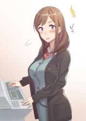 Rule 34 | 1girl, ^^^, black jacket, blush, breasts, brown hair, photocopier, highres, jacket, kitazawa (embers), large breasts, long hair, long sleeves, looking at viewer, office lady, open mouth, original, purple eyes, red neckwear, simple background, solo, white background