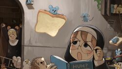 Rule 34 | 2girls, :&lt;, :o, ^ ^, bird, blonde hair, blue eyes, book, bread, bread slice, brown hair, chicken, chili pepper, closed eyes, clumsy nun (diva), commentary, diva (hyxpk), duck, english commentary, food, frying pan, glasses, glasses nun (diva), habit, hanging plant, hedgehog, highres, ladder, little nuns (diva), mouse (animal), multiple girls, nun, poster (object), round eyewear, smile, toast, traditional nun