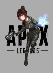 Rule 34 | 1girl, absurdres, apex legends, artpatient, b3 wingman, belt, black scarf, bodysuit, breasts, brown hair, commentary, cosplay, english commentary, english text, gradient hair, gun, hair bun, highres, holding, holding gun, holding weapon, hololive, medium breasts, multicolored hair, roboco-san, scarf, single hair bun, solo, utility belt, virtual youtuber, weapon, wraith (apex legends), wraith (apex legends) (cosplay), yellow eyes