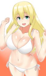 Rule 34 | 1girl, 30-06, atago (kancolle), bad id, bad pixiv id, bikini, blonde hair, blue eyes, breasts, cleavage, cowboy shot, gradient background, highres, kantai collection, large breasts, long hair, looking at viewer, lowleg, lowleg bikini, navel, open mouth, red background, side-tie bikini bottom, smile, solo, standing, swimsuit, w arms, white background, white bikini