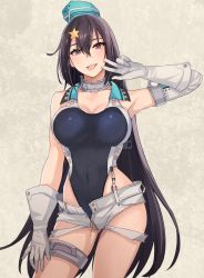 Rule 34 | 1girl, aqua hat, black hair, black one-piece swimsuit, breasts, brown background, cleavage, competition swimsuit, cosplay, covered navel, cowboy shot, garrison cap, gloves, hair between eyes, hair ornament, hat, highleg, highleg swimsuit, highres, kantai collection, kasumi (skchkko), large breasts, long hair, looking at viewer, nagato (kancolle), one-piece swimsuit, red eyes, scamp (kancolle), scamp (kancolle) (cosplay), short shorts, shorts, solo, star (symbol), star hair ornament, swimsuit, white gloves, white shorts