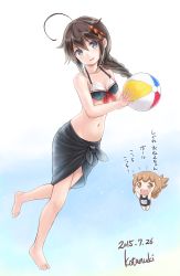 Rule 34 | 10s, 2015, 2girls, :d, aged down, alternate costume, artist name, ball, bare shoulders, barefoot, beachball, bikini, braid, brown eyes, brown hair, commentary request, dated, flying sweatdrops, folded ponytail, gale kawaii, gradient background, hair flaps, hair ornament, highres, inazuma (kancolle), kantai collection, long hair, multiple girls, name tag, navel, open mouth, ponytail, remodel (kantai collection), sarong, school swimsuit, shigure (kancolle), single braid, smile, swimsuit, translation request