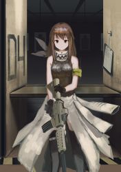 Rule 34 | 1girl, assault rifle, bare shoulders, black gloves, black shirt, black thighhighs, breasts, brown eyes, brown hair, clipboard, closed mouth, clothes around waist, commentary, feet out of frame, girls&#039; frontline, gloves, green hair, gun, highres, hin&#039;yari (kakukuru), holding, holding gun, holding weapon, indoors, jacket, jacket around waist, long hair, looking at viewer, m4 carbine, m4a1 (girls&#039; frontline), medium breasts, multicolored hair, name connection, object namesake, ribbed shirt, rifle, shirt, shooting range, sketch, sleeveless, sleeveless shirt, solo, standing, streaked hair, thighhighs, weapon, white jacket
