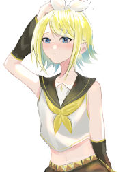 Rule 34 | 1girl, :t, absurdres, arm up, arm warmers, bad id, bad pixiv id, black sailor collar, blonde hair, blue eyes, blush, closed mouth, commentary, crop top, hair ornament, hair ribbon, hairclip, highres, kagamine rin, looking at viewer, midriff, navel, neckerchief, poono, ribbon, sailor collar, shirt, simple background, solo, vocaloid, white background, white ribbon, white shirt, yellow neckerchief