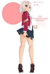 Rule 34 | 1girl, 2016, bare legs, copyright request, dated, from behind, full body, garnet, german text, highres, looking back, miniskirt, red eyes, short hair, silver hair, skirt, solo