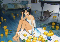 Rule 34 | 1girl, absurdres, bad id, bad pixiv id, bare shoulders, barefoot, bed, black hair, blue skirt, bracelet, breasts, brown eyes, chair, choker, cleavage, commentary request, copyright request, denqyellow, drawing (object), earrings, flower, food, fruit, highres, jewelry, lamp, lemon, looking at viewer, medium breasts, nightstand, on floor, photo (object), picture frame, shirt, short hair, sitting, skirt, solo, spaghetti strap, table, vase, water, wet floor, white shirt