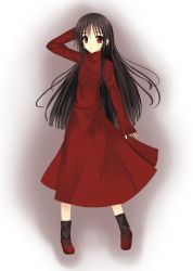 Rule 34 | 1girl, alma wade, animification, arm behind head, bad id, bad pixiv id, black hair, black socks, brown hair, dress, f.e.a.r., highres, long hair, looking at viewer, mary janes, niboss, red dress, red eyes, shoes, sleeves past wrists, socks, solo