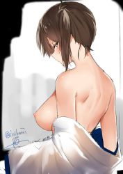 Rule 34 | 10s, 1girl, artist name, bare shoulders, breasts, brown eyes, brown hair, from side, hagirussia (sanyanyanya), half-closed eyes, isshiki (ffmania7), kaga (kancolle), kantai collection, large breasts, medium hair, nape, nipples, no bra, off shoulder, profile, shoulder blades, side ponytail, sideboob, solo, strap gap, swimsuit, third-party edit, twitter username, undressing