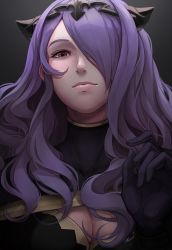 Rule 34 | 1girl, bad id, bad twitter id, breasts, camilla (fire emblem), cleavage, closed mouth, fire emblem, fire emblem fates, gloves, hair over one eye, kazuko (towa), long hair, nintendo, purple eyes, purple hair, simple background, solo, tiara, upper body