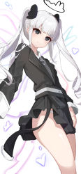 Rule 34 | 1girl, absurdres, black jacket, black skirt, closed mouth, collared shirt, commentary request, daqi sama, grey eyes, grey hair, heart, highres, jacket, long hair, long sleeves, looking at viewer, original, panties, pleated skirt, shirt, skirt, smile, solo, twintails, underwear, very long hair, white background, white panties, white shirt