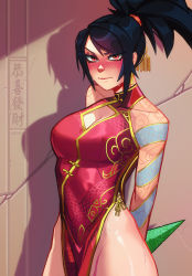 Rule 34 | 1girl, against wall, akali, akali (redesign), arm tattoo, arms behind back, bare legs, black hair, blush, breasts, china dress, chinese clothes, cleavage, cleavage cutout, clothing cutout, dragon tattoo, dress, embarrassed, eyeliner, eyeshadow, hair ornament, hidden weapon, highleg, highleg dress, highres, holding, holding weapon, kunai, large breasts, league of legends, long hair, looking at viewer, makeup, nose blush, pelvic curtain, ponytail, qtori, red dress, red eyes, redesign, scar, scar on leg, shoulder tattoo, solo, stone wall, sweat, nervous sweating, swept bangs, tattoo, thick thighs, thighs, wall, weapon