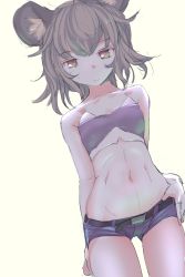 Rule 34 | 1girl, alternate costume, animal ears, bandeau, bare shoulders, belt, brown eyes, brown hair, collarbone, expressionless, female focus, grey hair, hand on own hip, highres, hip focus, ishikkoro, jewelry, looking at viewer, midriff, mouse ears, navel, nazrin, ring, short shorts, shorts, simple background, sketch, solo, standing, strapless, thigh gap, thighs, touhou, tube top, white background
