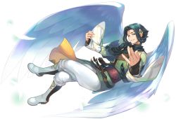 Rule 34 | 1boy, angel wings, aquaplus, black hair, boots, crossed legs, dii (utawarerumono), eyes visible through hair, feathered wings, feathers, from side, hair ornament, highres, large wings, looking at viewer, official art, smile, teeth, transparent background, utawarerumono, utawarerumono: lost flag, white wings, wings