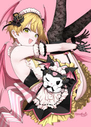 Rule 34 | 1girl, alternate costume, arm garter, ass, back bow, black gloves, black thighhighs, blonde hair, blush, bow, breasts, crossover, demon wings, dress, enmaided, garter straps, gloves, head wings, highres, idolmaster, idolmaster cinderella girls, kuromi, looking at viewer, looking to the side, maid, maid headdress, maou (demonlord), medium breasts, miyamoto frederica, onegai my melody, pink background, sanrio, short hair, simple background, sleeveless, sleeveless dress, smile, solo, thighhighs, wings