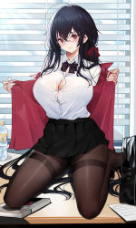 Rule 34 | 1girl, absurdres, ahoge, azur lane, bag, black bag, black bow, black bowtie, black hair, black skirt, window blinds, blush, book, bottle, bow, bowtie, bra, bra visible through clothes, breasts, brown pantyhose, button gap, closed mouth, collared shirt, desk, dress shirt, glasses, hair between eyes, hair ribbon, highres, holding, huge ahoge, huge breasts, indoors, jacket, lace, lace-trimmed bra, lace trim, long hair, looking at viewer, mcic0, navel, no shoes, official alternate costume, on desk, open clothes, open jacket, pantyhose, pleated skirt, red eyes, red jacket, red ribbon, revision, ribbon, school bag, school uniform, shirt, shirt tucked in, sidelocks, sitting, skirt, smile, solo, taihou (azur lane), taihou (sweet time after school) (azur lane), taut clothes, taut shirt, thighband pantyhose, underwear, very long hair, wariza, water bottle, white shirt, wing collar