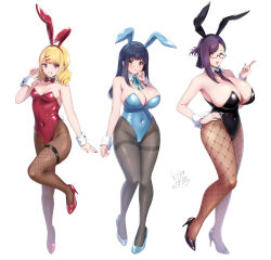 Rule 34 | 3girls, animal ears, between breasts, black footwear, black leotard, black necktie, blonde hair, blue footwear, blue leotard, blue ribbon, bow, bowtie, breasts, brown pantyhose, cleavage, club (shape), commentary request, covered navel, detached collar, diamond (shape), fishnet pantyhose, fishnets, folded ponytail, full body, glasses, grey pantyhose, hand on own hip, heart, high heels, highres, huge breasts, iizuka chisa, large breasts, leotard, looking at viewer, mano akine, mano natsue, medium breasts, multiple girls, neck ribbon, necktie, necktie between breasts, original, pantyhose, parted lips, playboy bunny, playing card theme, purple hair, rabbit ears, rabbit tail, red bow, red bowtie, red eyes, red footwear, red leotard, ribbon, sidelocks, smile, spade (shape), standing, standing on one leg, strapless, strapless leotard, tail, thighband pantyhose, torino karaage, wrist cuffs