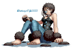Rule 34 | 1girl, barefoot, blue eyes, blue hair, blue nails, blue pants, breasts, brown eyes, brown hair, character name, cleavage, full body, hair between eyes, holding, jewelry, large breasts, looking at viewer, multicolored eyes, multicolored hair, mushroom girl, nail polish, necklace, original, oso (toolate), pants, short hair, simple background, sitting, solo, tank top, toenail polish, toenails, white background