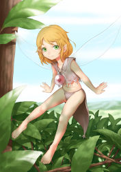 Rule 34 | 1girl, absurdres, bad id, bad pixiv id, barefoot, blonde hair, day, fairy, fairy wings, green eyes, highres, jewelry, leaf, mini person, minigirl, navel, original, outstretched arms, pendant, pointy ears, short hair, sky, solo, spread arms, ss39, tree, wings