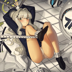 Rule 34 | 1girl, arms up, black sweater, blue archive, blunt bangs, blush, bound, breasts, cad (caddo), crotch, drawstring, green eyes, grey hair, hair intakes, hair ornament, hairclip, halo, hare (blue archive), highres, long hair, long sleeves, looking at viewer, lying, on back, panties, ponytail, restrained, robot, sidelocks, small breasts, socks, solo, sweater, underwear, white panties
