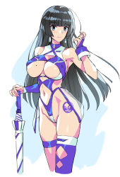 Rule 34 | 1girl, areola slip, armpits, bare shoulders, black hair, blue eyes, blunt bangs, blush, breasts, bridal gauntlets, closed mouth, covered erect nipples, cropped legs, earrings, groin, highleg, highleg leotard, jewelry, large breasts, leotard, looking at viewer, matsuda (matsukichi), mole, mole on breast, navel, original, purple leotard, purple thighhighs, revealing clothes, see-through, single thighhigh, skindentation, smile, solo, straight hair, striped, thigh strap, thighhighs, two-tone background, vertical stripes