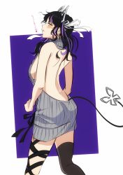 Rule 34 | 1girl, absurdres, backboob, backless dress, backless outfit, bare back, bare shoulders, black hair, black ribbon, black thighhighs, blush, breasts, commentary request, demon girl, demon horns, demon tail, dress, feet out of frame, grey sweater, hair ribbon, highres, horns, kojo anna, kojo anna (3rd costume), leg ribbon, long hair, looking at viewer, looking back, medium breasts, meme attire, multicolored hair, nanashi inc., official alternate costume, open mouth, purple background, purple hair, ribbed sweater, ribbon, single thighhigh, solo, sugar lyric, sweater, sweater dress, tail, tengu nimuru, thighhighs, translation request, turtleneck, turtleneck sweater, two-tone background, two-tone hair, two side up, virgin killer sweater, virtual youtuber, white background, white ribbon, yellow eyes