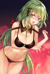 Rule 34 | 1girl, :p, arm under breasts, bad id, bad twitter id, bikini, black bikini, blush, breasts, cleavage, detached collar, girls&#039; frontline, green hair, groin, hair between eyes, hair ornament, hair ribbon, hand up, heart, heart-shaped pupils, heifetz, highres, long hair, looking at viewer, low-tied long hair, mk48 (girls&#039; frontline), navel, open mouth, ponytail, red eyes, red ribbon, ribbon, sidelocks, skindentation, smile, solo, standing, stomach, sweatdrop, swimsuit, symbol-shaped pupils, thighs, toned, tongue, tongue out, very long hair