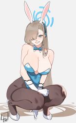 Rule 34 | 1girl, absurdres, animal ears, asuna (blue archive), asuna (bunny) (blue archive), asymmetrical bangs, bare shoulders, blue archive, blue bow, blue bowtie, blue eyes, blue leotard, bow, bowtie, breasts, cleavage, commentary, detached collar, fake animal ears, full body, gloves, hair over one eye, halo, highleg, highleg leotard, highres, l4wless, large breasts, leotard, light brown hair, long hair, looking at viewer, mole, mole on breast, official alternate costume, pantyhose, playboy bunny, rabbit ears, simple background, smile, solo, squatting, strapless, strapless leotard, thighband pantyhose, white footwear, white gloves