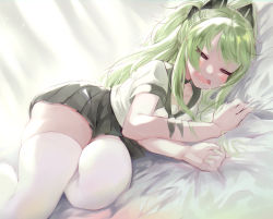 Rule 34 | 1girl, alternate costume, bad id, bad pixiv id, bed sheet, black sailor collar, black skirt, blush, choker, closed eyes, commentary request, drooling, fang, girls&#039; frontline, green hair, green nails, headgear, highres, long hair, lying, m950a (girls&#039; frontline), m950a (mod3) (girls&#039; frontline), mod3 (girls&#039; frontline), nail polish, on side, open mouth, sailor collar, school uniform, serafuku, short sleeves, skindentation, skirt, sleeping, solo, thighhighs, thighs, torriet, white thighhighs