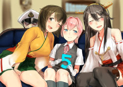 Rule 34 | 1boy, 3girls, admiral (kancolle), bare shoulders, between legs, bike shorts, black hair, blue eyes, blush, boots, breasts, brown eyes, brown hair, closed eyes, couch, detached sleeves, dress shirt, gloves, grey vest, hair between eyes, hair intakes, hair ornament, hairband, hairclip, hand between legs, haruna (kancolle), headgear, hiryuu (kancolle), indoors, japanese clothes, kantai collection, large breasts, leaning, long hair, looking at viewer, multiple girls, neck ribbon, nontraditional miko, open mouth, pink hair, pleated skirt, poco (backboa), ponytail, red ribbon, remodel (kantai collection), ribbon, school uniform, shiranui (kancolle), shirt, short hair, short sleeves, shorts, shorts under skirt, sidelocks, sitting, skirt, smile, thigh boots, thighhighs, thighs, vest, white gloves, white shirt