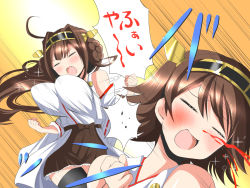 Rule 34 | 10s, bare shoulders, blood, boots, breast slap, breasts, brown hair, deego (omochi bazooka), detached sleeves, closed eyes, hairband, headgear, hiei (kancolle), japanese clothes, kantai collection, kongou (kancolle), large breasts, long hair, miniskirt, multiple girls, nontraditional miko, nosebleed, open mouth, personification, short hair, skirt, smile, thigh boots, thighhighs, translation request