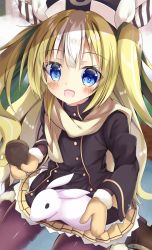 Rule 34 | 1girl, :d, animal, azur lane, bad id, bad pixiv id, black hat, black pantyhose, black shirt, blonde hair, blue eyes, blush, brown footwear, brown scarf, buttons, commentary request, double-breasted, fur trim, hair brush, hair ribbon, hat, highres, holding, kalk (azur lane), kalk (snow fairy schoolgirl) (azur lane), long hair, long sleeves, looking at viewer, miniskirt, mitsuhamochi, mittens, multicolored hair, open mouth, pantyhose, pleated skirt, rabbit, ribbon, scarf, shirt, shoes, sitting, skirt, smile, snow, snowflakes, solo, striped ribbon, two-tone hair, two side up, very long hair, wariza, white hair, winter clothes, yellow skirt