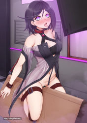 Rule 34 | 1girl, bare shoulders, barefoot, black hair, blue eyes, blush, breasts, cleavage, collar, ear piercing, female focus, girls&#039; frontline, highres, hypnosis, intruder (girls&#039; frontline), large breasts, looking at viewer, mind control, navel, piercing, pussy juice, restrained, short hair, sitting, solo, tongue, tongue out, vahn yourdoom, wooden horse