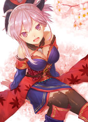 Rule 34 | 1girl, :d, absurdres, blue eyes, clothing cutout, detached sleeves, fate/grand order, fate (series), folded ponytail, highres, japanese clothes, kibamigohann, miyamoto musashi (fate), miyamoto musashi (second ascension) (fate), navel, navel cutout, open mouth, sitting, smile, solo, thighhighs, zettai ryouiki