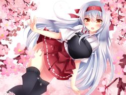 Rule 34 | 10s, 1girl, bad id, bad pixiv id, black thighhighs, cherry blossoms, hairband, ichiyou moka, japanese clothes, kantai collection, long hair, muneate, shoukaku (kancolle), silver hair, smile, solo, thighhighs