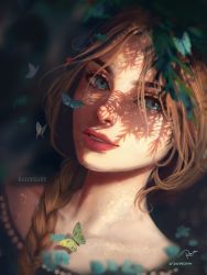 Rule 34 | 1girl, artist name, blue butterfly, blue eyes, blurry, blurry background, blurry foreground, braid, brown hair, bug, butterfly, collarbone, commentary, dappled sunlight, dated, depth of field, dutch angle, english commentary, eyebrows, foliage, green butterfly, highres, insect, ladybug, lips, long hair, looking at viewer, nose, original, parted lips, portrait, raide (raiffie), signature, single braid, solo, sunlight, symbol-only commentary, white butterfly, yellow butterfly