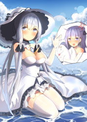 Rule 34 | 2girls, afloat, ahoge, anger vein, azur lane, bare shoulders, blue sky, cloud, cloudy sky, commentary request, day, dress, elbow gloves, garter straps, gloves, grey eyes, hair between eyes, hat, highres, illustrious (azur lane), korean commentary, long hair, looking at viewer, miamuly, mole, mole under eye, multiple girls, object on breast, ocean, off-shoulder dress, off shoulder, partial commentary, purple eyes, purple hair, seiza, sitting, sky, stuffed animal, stuffed pegasus, stuffed toy, stuffed unicorn, stuffed winged unicorn, sun hat, tri tails, unicorn (azur lane), waving, white dress, white gloves, white hair, white legwear