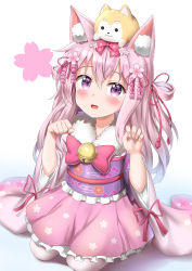 Rule 34 | 1girl, :d, absurdres, animal, animal ears, animal on head, azur lane, bell, blush, bow, cat ears, cherry blossom hair ornament, claw pose, commentary request, dog, dog on head, flower, frilled skirt, frills, fur collar, hair between eyes, hair bow, hair flower, hair ornament, hair ribbon, highres, japanese clothes, jingle bell, kimono, kisaragi (azur lane), kisaragi (new year&#039;s wish) (azur lane), long hair, long sleeves, looking at viewer, nedia (nedia region), obi, on head, open mouth, pantyhose, paw pose, pink bow, pink hair, pink kimono, pink ribbon, pink skirt, purple eyes, ribbon, sash, seiza, short kimono, simple background, sitting, skirt, smile, solo, two side up, very long hair, white background, white pantyhose, wide sleeves