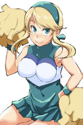 Rule 34 | 1girl, bad id, bad pixiv id, bare shoulders, blonde hair, blue eyes, breasts, cheerleader, cleavage, dress, hairband, heroman, impossible clothes, impossible dress, lina davis, pom pom (cheerleading), short dress, sitting, skirt, solo, soranoheya, twintails