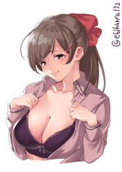 Rule 34 | 1girl, black bra, blouse, bra, breasts, brown hair, collarbone, ebifurya, hair ornament, hair ribbon, hairclip, highres, kantai collection, large breasts, light smile, lips, long hair, looking at viewer, mamiya (kancolle), open clothes, open shirt, pink lips, pink shirt, ponytail, red ribbon, ribbon, shirt, simple background, solo, swept bangs, underwear, white background