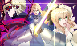 Rule 34 | 3girls, absurdres, ahoge, armor, armored dress, artoria pendragon (all), artoria pendragon (fate), blonde hair, braid, eyebrows hidden by hair, fate/grand order, fate/stay night, fate (series), green eyes, hair between eyes, hair ribbon, highres, holding, holding sword, holding weapon, incoming attack, looking at viewer, multiple girls, open mouth, ribbon, saber (fate), saber alter, saber lily, sii artatm, smile, sword, weapon, yellow eyes