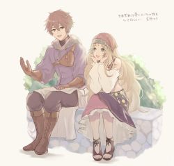 Rule 34 | 1boy, 1girl, blonde hair, blue eyes, boots, brown eyes, brown hair, gloves, hands on own face, head scarf, highres, leather, leather boots, leather gloves, long hair, lynette (octopath traveler), midriff, miles (octopath traveler), octopath traveler, octopath traveler: champions of the continent, short hair, sitting, very long hair, wspread