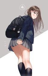 Rule 34 | 1girl, artist name, bag charm, black skirt, black socks, blush, brown eyes, brown hair, charm (object), commentary request, embarrassed, feet out of frame, grey background, hanako151, highres, jacket, kneehighs, long hair, looking at viewer, looking back, nec, neckerchief, original, pleated skirt, red neckerchief, school uniform, simple background, skirt, socks, solo, spoken squiggle, squiggle, thighs, uniform, white background