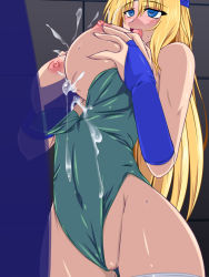 Rule 34 | 1990s (style), blonde hair, blue eyes, breasts, celes chere, censored, cum, cum on body, cum on breasts, cum on upper body, final fantasy, final fantasy vi, large breasts, nipples, paizuri, penis, soushin souma, thighhighs