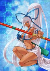Rule 34 | 1girl, arrow (projectile), artist request, bandage over one eye, blue eyes, blunt bangs, bow (weapon), breasts, character name, cleavage, closed mouth, dark-skinned female, dark skin, hair ribbon, long hair, looking at viewer, majikina mina, medium breasts, ponytail, quiver, revealing clothes, ribbon, samurai spirits, sarong, side-tie skirt, sideboob, snk, solo, squatting, very long hair, weapon, white hair, white sarong