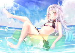 Rule 34 | 1girl, :q, bare arms, bare shoulders, barefoot, bikini, bikini skirt, black bikini, black choker, blunt bangs, breasts, choker, closed mouth, cloud, cloudy sky, criss-cross halter, day, hairband, halterneck, highres, hololive, innertube, leg up, lens flare, light rays, long hair, looking at viewer, murasaki shion, murasaki shion (hololive summer 2019), navel, ocean, official alternate costume, orange eyes, outdoors, sky, small breasts, smile, solo, stomach, sunbeam, sunlight, swim ring, swimsuit, thighs, tongue, tongue out, v, v-shaped eyebrows, virtual youtuber, water, white hair, wristband, yuano
