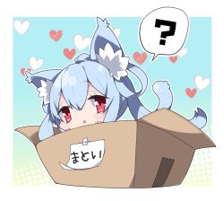 Rule 34 | 1girl, ?, animal ear fluff, animal ears, blue hair, blush, box, cardboard box, cat ears, cat girl, cat tail, character name, chibi, commentary, hair between eyes, hair ribbon, halftone, halftone background, heart, in box, in container, kemonomimi mode, long hair, matoi (pso2), milkpanda, parted lips, phantasy star, phantasy star online 2, red eyes, ribbon, solo, spoken question mark, tail, tail raised, translated