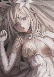 Rule 34 | 1girl, animal ear fluff, animal ears, bare shoulders, blonde hair, blue pupils, bow, chain, covered erect nipples, cropped, cuffs, elbow gloves, floral print, flower, gloves, hair between eyes, hair flower, hair ornament, highres, long hair, lying, navel, on back, open mouth, original, osobachan, purple eyes, shackles, solo, white bow, white flower, white gloves, wolf ears