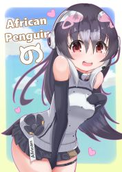 Rule 34 | 1girl, absurdres, african penguin (kemono friends), animal ears, black eyes, black gloves, black hair, darus5, gloves, highres, kemono friends, kemono friends v project, long hair, looking at viewer, multicolored hair, necktie, shirt, shoes, simple background, skirt, smile, solo, tail, virtual youtuber, white shirt